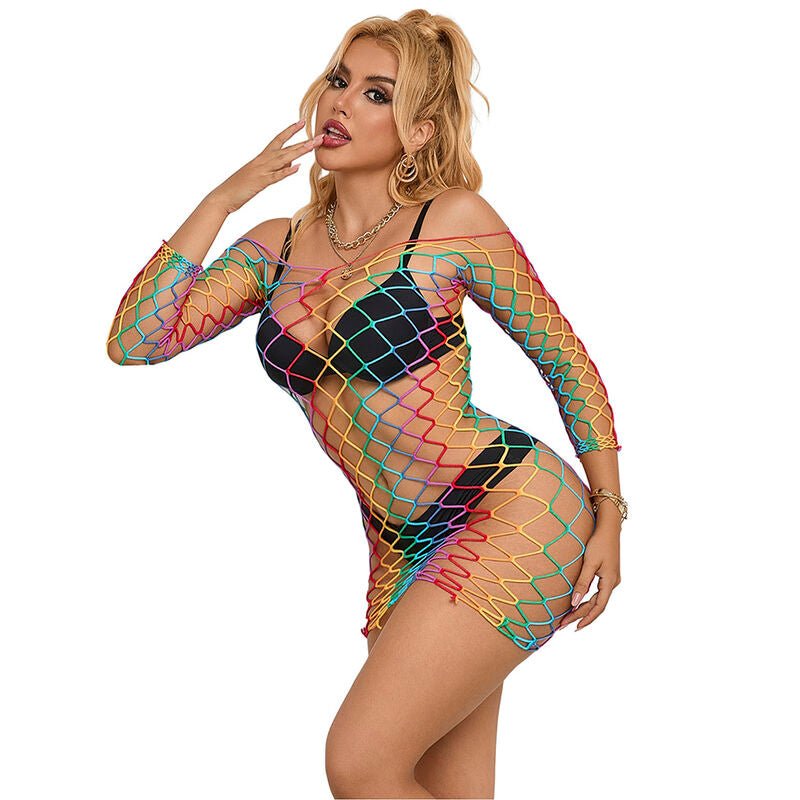 SUBBLIME - 952426 RAINBOW LONG SLEEVE FISHNET DRESS ONE SIZE - Kink&Play