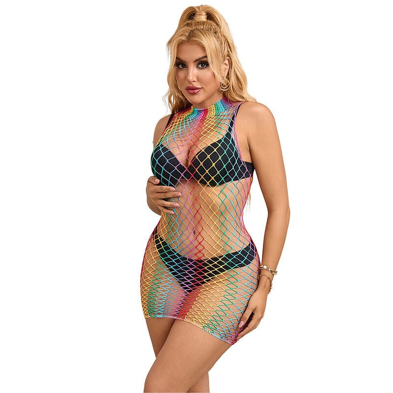 SUBBLIME - 952433 RAINBOW HIGH NECK SLEEVELESS FISHNET DRESS ONE SIZE - Kink&Play