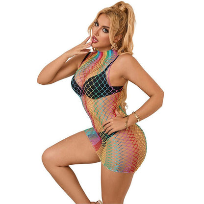 SUBBLIME - 952433 RAINBOW HIGH NECK SLEEVELESS FISHNET DRESS ONE SIZE - Kink&Play