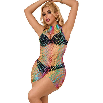 SUBBLIME - 952433 RAINBOW HIGH NECK SLEEVELESS FISHNET DRESS ONE SIZE - Kink&Play