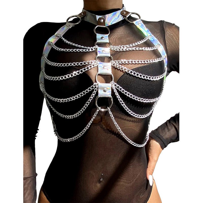 SUBBLIME - 953737 CHEST HARNESS WITH RINGS AND CHAINS SILVER ONE SIZE - Kink&Play