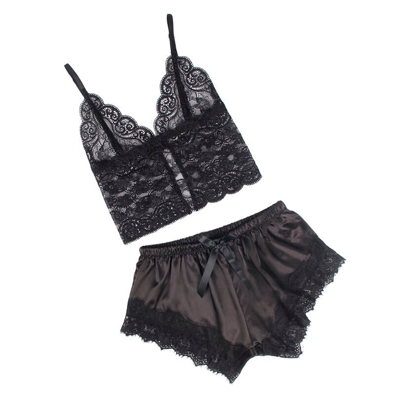 SUBBLIME - 953935 CASUAL SILK NIGHTGOWN + LACE PANTS BLACK S/M - Kink&Play