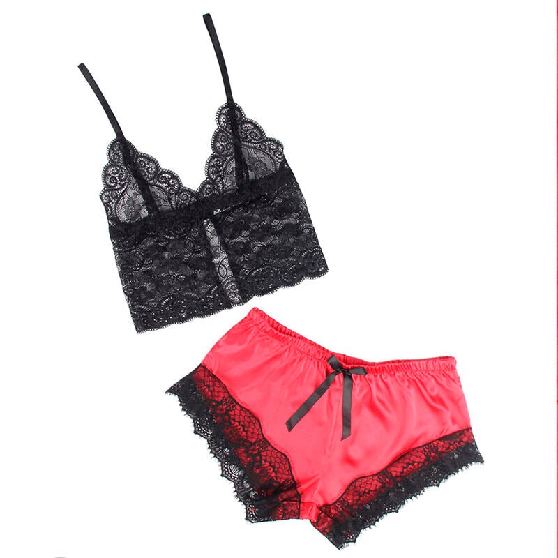 SUBBLIME - 953959 CASUAL SILK NIGHTGOWN + LACE PANTS BLACK/RED S/M - Kink&Play