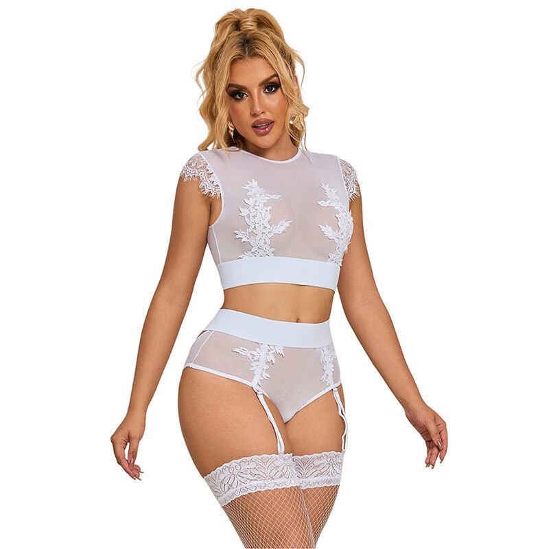 SUBBLIME - 954031 BRA + PANTIES WITH GARTER BELT WHITE S/M - Kink&Play