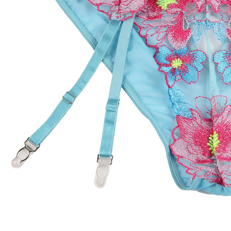 SUBBLIME - 954109 BRA + PANTIES WITH GARTER BELT FLORAL DESIGN BLUE S/M - Kink&Play
