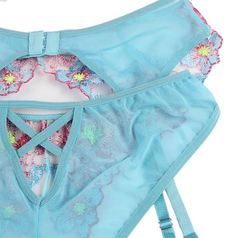 SUBBLIME - 954109 BRA + PANTIES WITH GARTER BELT FLORAL DESIGN BLUE S/M - Kink&Play