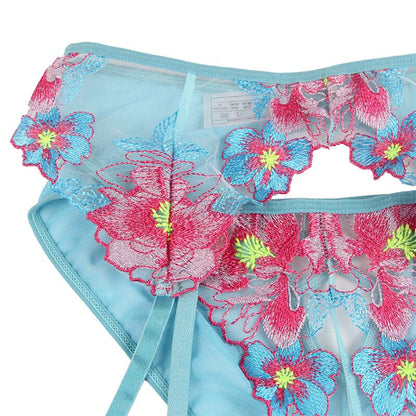 SUBBLIME - 954116 BRA + PANTIES WITH GARTER BELT FLORAL DESIGN BLUE L/XL - Kink&Play