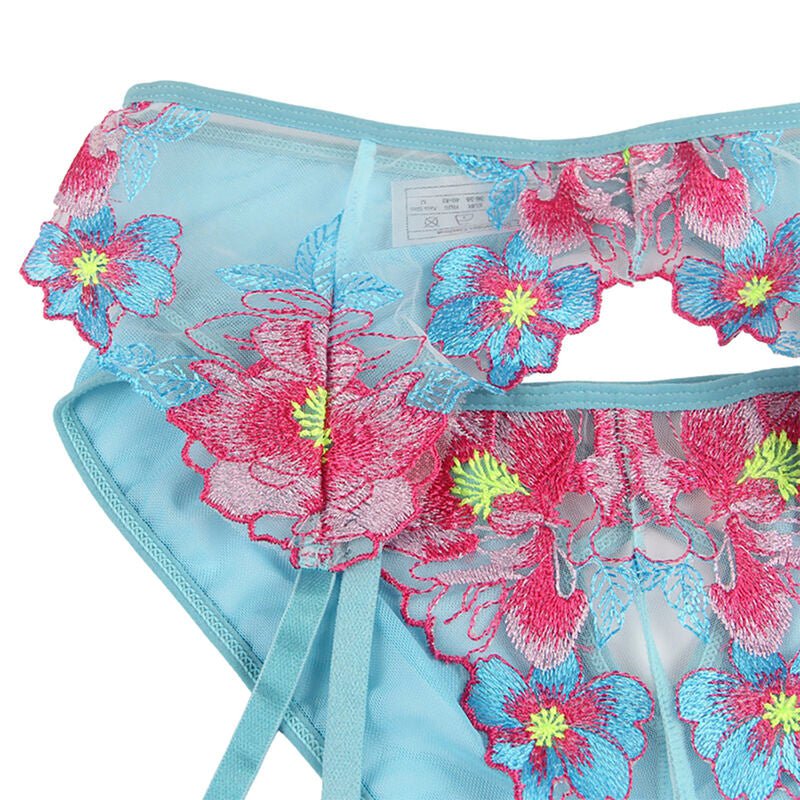 SUBBLIME - 954116 BRA + PANTIES WITH GARTER BELT FLORAL DESIGN BLUE L/XL - Kink&Play