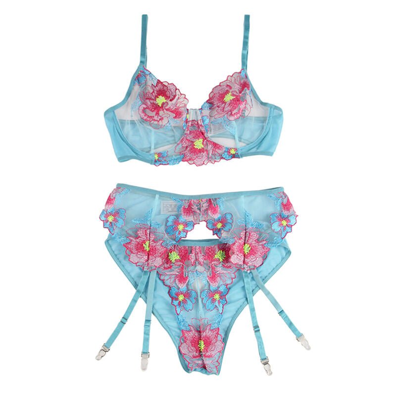 SUBBLIME - 954116 BRA + PANTIES WITH GARTER BELT FLORAL DESIGN BLUE L/XL - Kink&Play