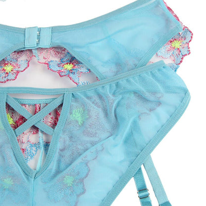 SUBBLIME - 954116 BRA + PANTIES WITH GARTER BELT FLORAL DESIGN BLUE L/XL - Kink&Play