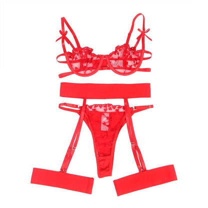 SUBBLIME - 954321 HEART PRINT BRA + THONG + GARTER BELT RED S/M - Kink&Play
