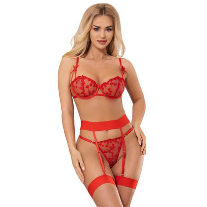 SUBBLIME - 954321 HEART PRINT BRA + THONG + GARTER BELT RED S/M - Kink&Play