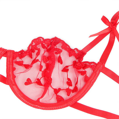 SUBBLIME - 954321 HEART PRINT BRA + THONG + GARTER BELT RED S/M - Kink&Play