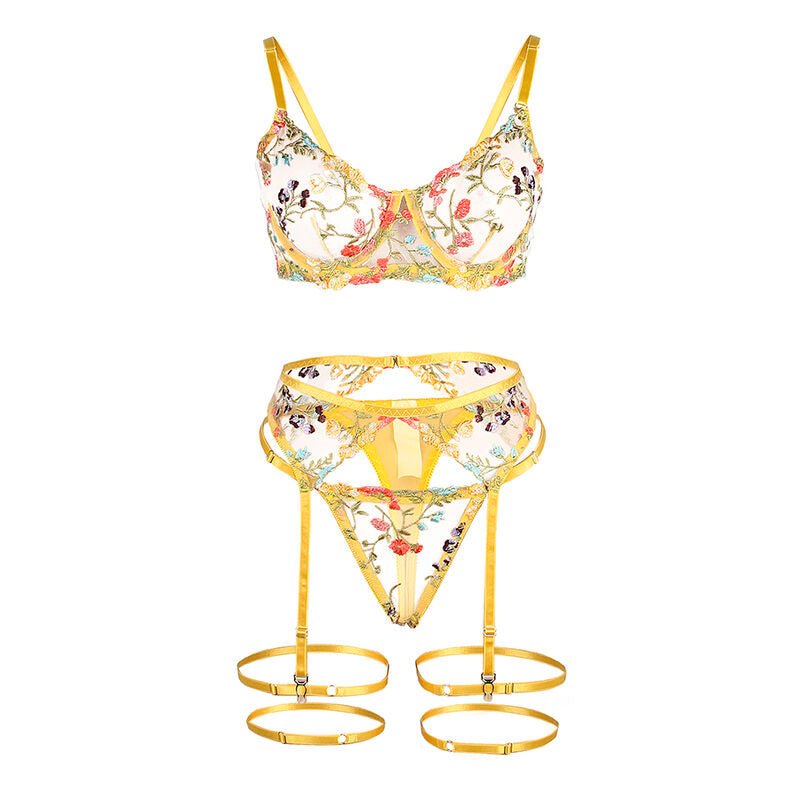 SUBBLIME - 954345 BRA + THONG + GARTER BELT FLORAL DESIGN YELLOW S/M - Kink&Play