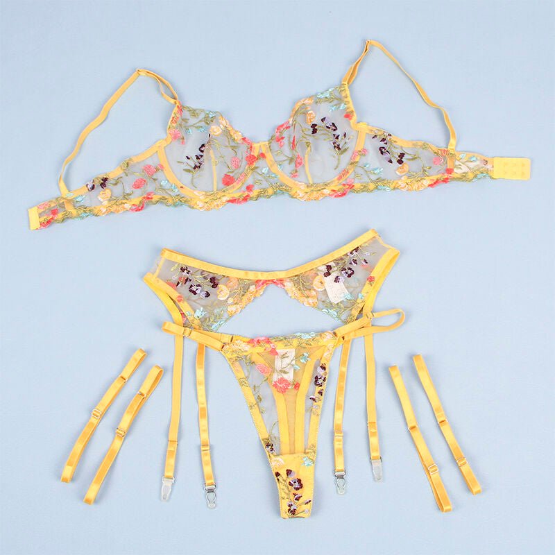 SUBBLIME - 954345 BRA + THONG + GARTER BELT FLORAL DESIGN YELLOW S/M - Kink&Play