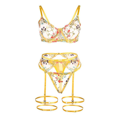 SUBBLIME - 954352 BRA + THONG + GARTER BELT FLORAL DESIGN YELLOW L/XL - Kink&Play