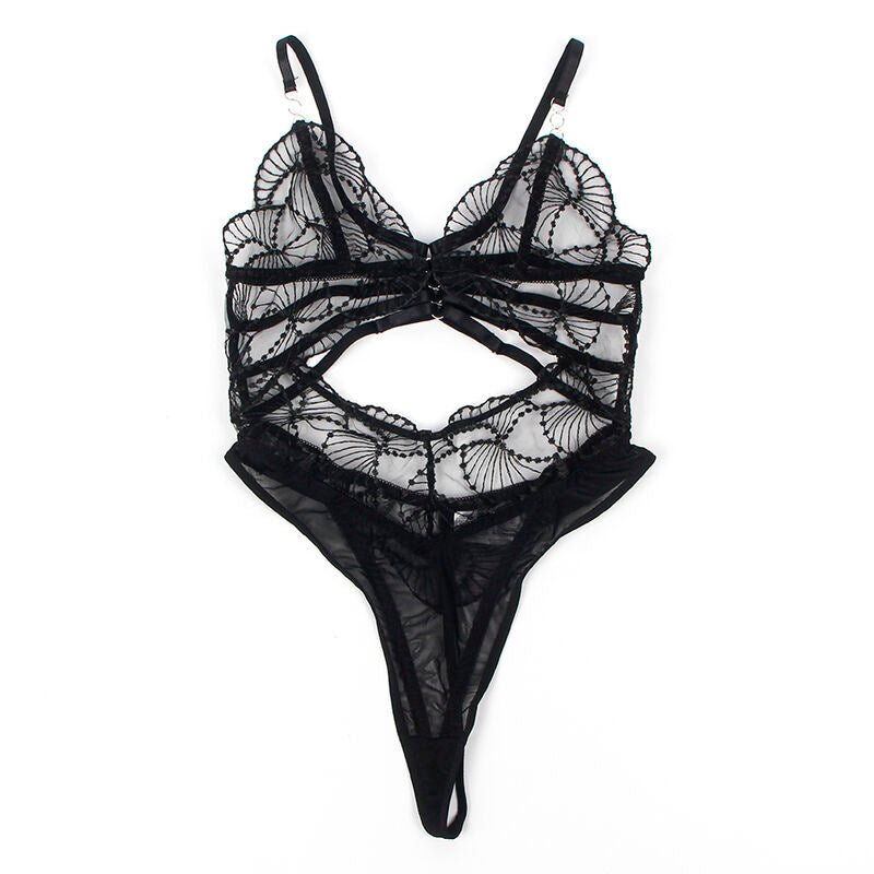 SUBBLIME - 955212 TRANSPARENT BODYSUIT WITH BLACK HOLLOW LACE S/M - Kink&Play