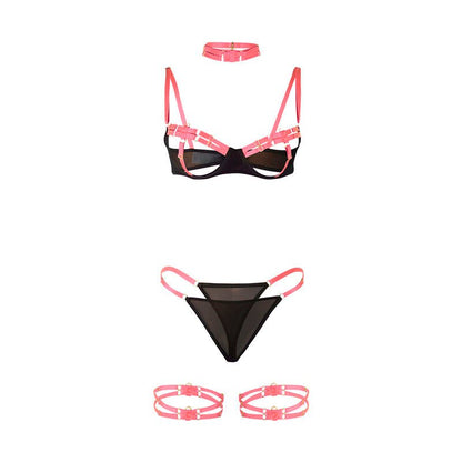 SUBBLIME - 955298 BRA SET WITH NECKLACE AND LEG DETAILS FLUORESCENT PINK S/M - Kink&Play