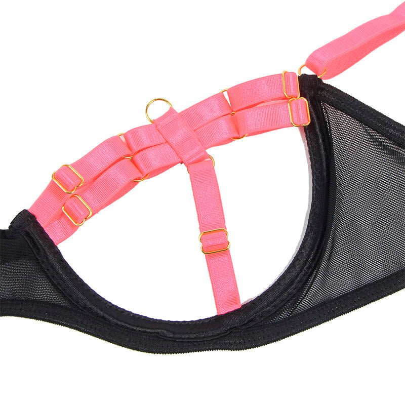 SUBBLIME - 955298 BRA SET WITH NECKLACE AND LEG DETAILS FLUORESCENT PINK S/M - Kink&Play