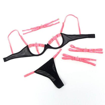 SUBBLIME - 955304 BRA SET WITH NECKLACE AND LEG DETAILS FLUORESCENT PINK L/XL - Kink&Play