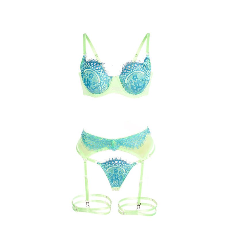 SUBBLIME - 955311 SET OF BRA WITH LACE AND GARTER LINES GREEN AND BLUE S/M - Kink&Play