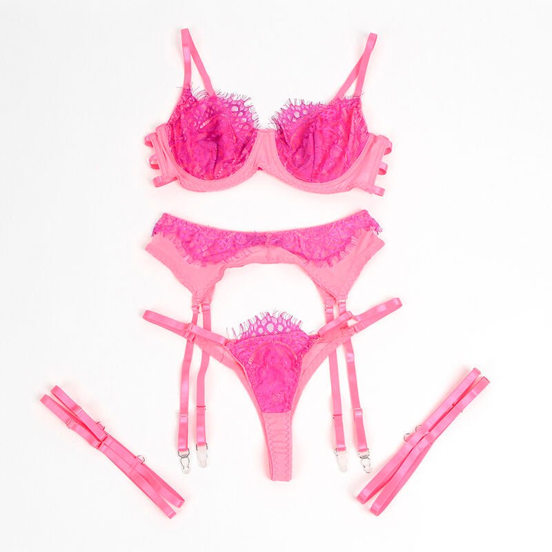 SUBBLIME - 955366 BRA SET WITH LACE AND GARTER LINES PINK AND PURPLE L/XL - Kink&Play