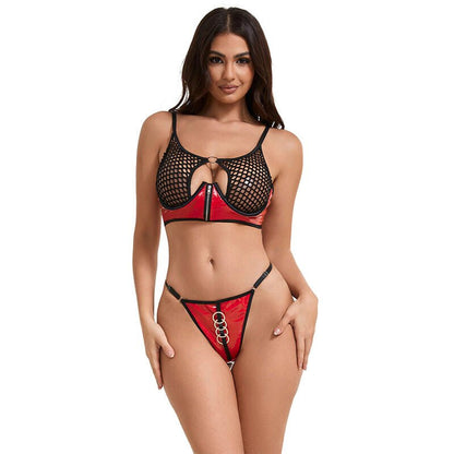 SUBBLIME - 955533 RED PATENT LEATHER MESH ZIPPER BRA SET S/M - Kink&Play