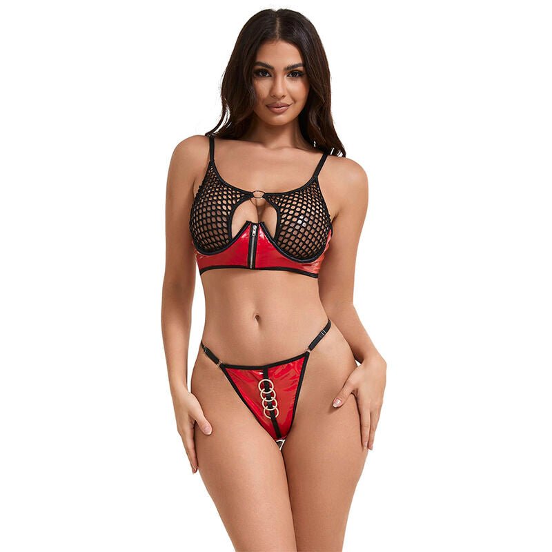 SUBBLIME - 955533 RED PATENT LEATHER MESH ZIPPER BRA SET S/M - Kink&Play