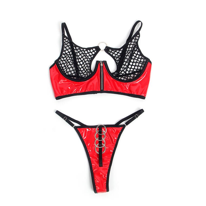 SUBBLIME - 955540 RED PATENT LEATHER MESH ZIPPER BRA SET L/XL - Kink&Play