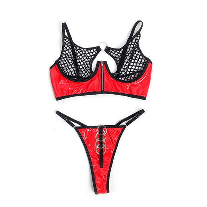 SUBBLIME - 955540 RED PATENT LEATHER MESH ZIPPER BRA SET L/XL - Kink&Play