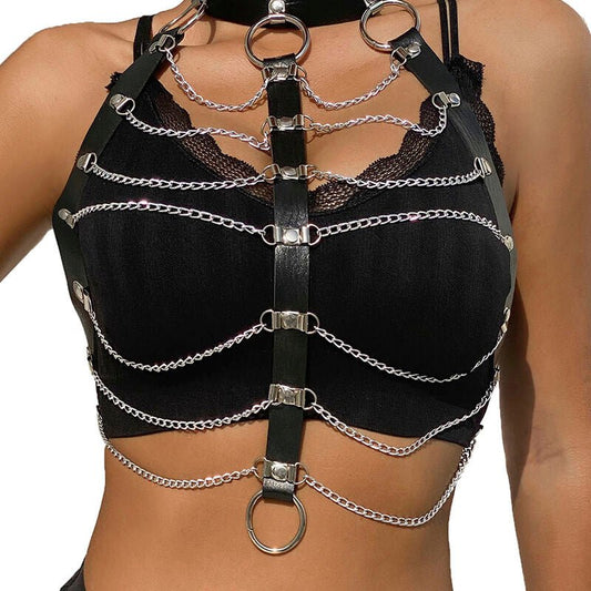SUBBLIME - CHEST HARNESS LEATHER CHAINS BLACK ONE SIZE - Kink&Play
