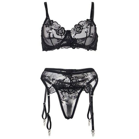SUBBLIME - SET OF 3 PIECES BRA + THONG + GARTER FLORAL PRINT BLACK S/M - Kink&Play