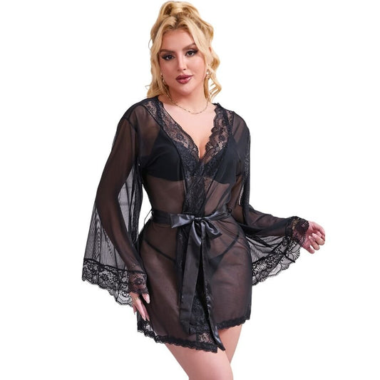 SUBBLIME - TRANSPARENT FABRIC ROBE WITH LACE DETAIL BLACK L/XL - Kink&Play